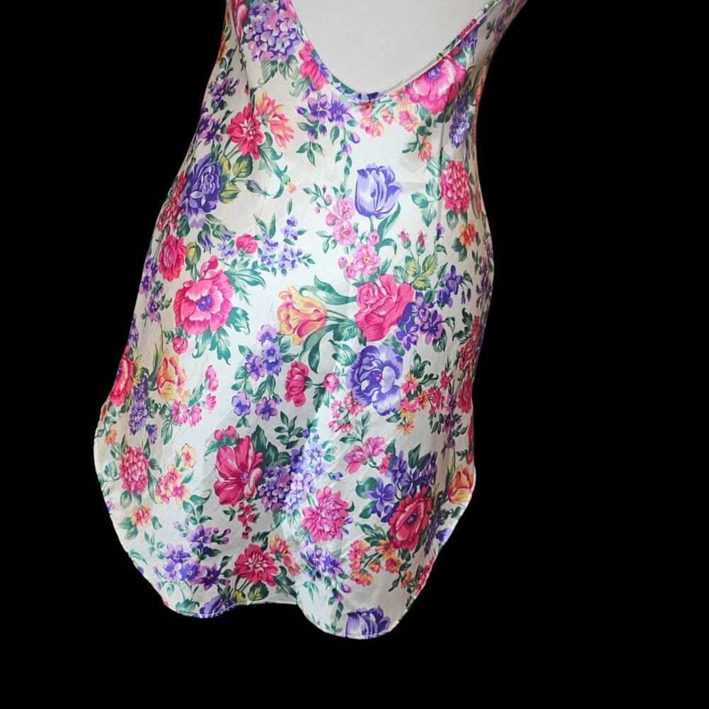 90s Satin White Floral Mini Slip Dress Pink Purple Size S Small Low Back Short - Picture 7 of 11